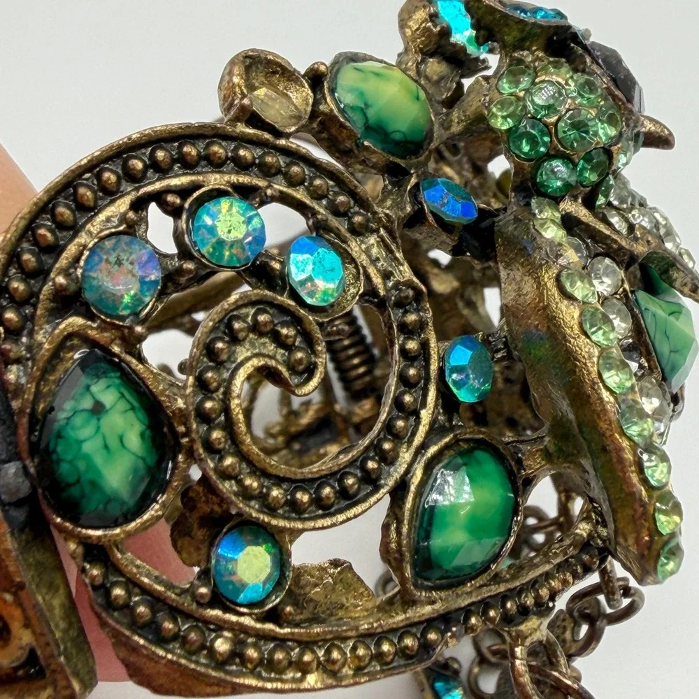 Vintage Style Owl Slave Bracelet Hand Flower Ring Set Green Blue Rhinestone Cuff